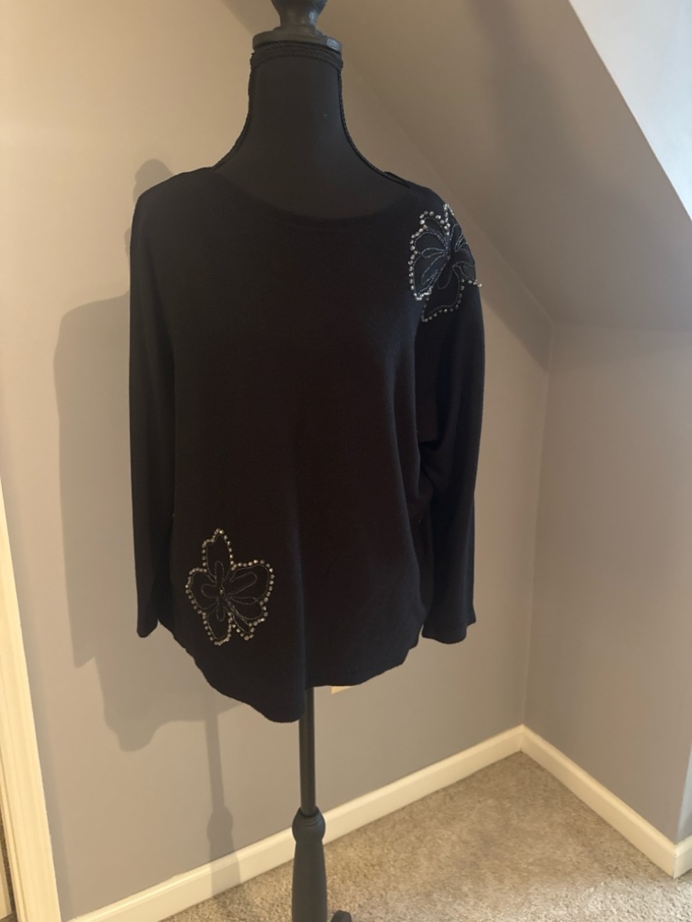 LIV Milano Black Slight Dolman Sleeve Embellished Top NWT Size L Beaded Knit
